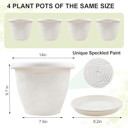 Plastic Flower Pots Planters For Indoor Plants, 4 Pack 14 Inch White Plant Pots With Drainage Hole & Tray, Modern Decorative Large Plant Pot With Saucer For Indoor Outdoor Plants Garden House Planter - color: White, size: 14 inch-4 pack