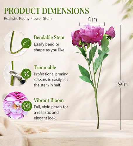 4 Pcs Silk Peonies Artificial Flowers Bulk Faux Peony Bouquet Fake Flower for Wedding Bridal Shower Centerpieces DIY Floral Arrangements Home Party Decorations (Purple Red) - color: Purple Red