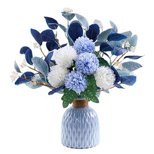 MOOMASS Artificial Flowers with vases, Fake Hydrangea with Eucalyptus Bouquet Combination, Living Room Family Banquet Party Wedding Decoration… - color: Blue