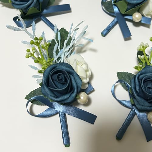 6PCS Navy Blue Boutonniere for Men, Groomsmen Guest Boutonniere, Artificial Flowers for Wedding Decor Prom Homecoming - color: Navy Blue