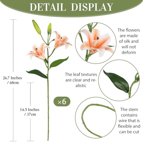 6PCS Artificial Lilies 26.7" Silk Lily Flowers with 12 Heads Fully Bloomed Lilies and 18 Buds, Long Stem Lilies Artificial Flowers for Home Party Wedding Easter Decor(Orange) - color: Orange