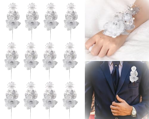 Set of 12 Artificial Silk Organza Craft Rose Flower, 12 Corsage Wristlet, 12 Pin Back DIY Boutonnieres for Wedding, Bridesmaids, Groomsmen, Quinceanera, Prom, Sweet 16 (Silver) - color: Silver