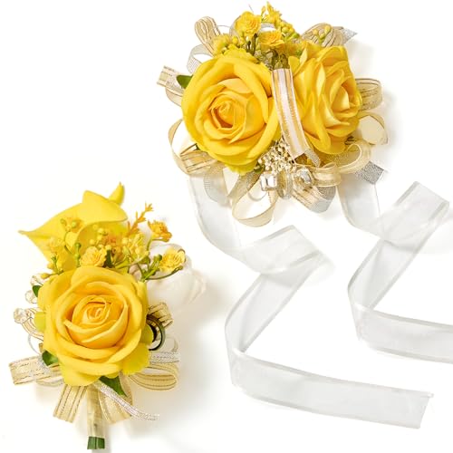 Serwalin Yellow Prom Corsage and Boutonniere Set, Artificial Calla Lily & Rose Wrist Corsage Wristlet for Homecoming, Formal Dance, Wedding Flowers Accessories Party Suit Decorations - color: Yellow