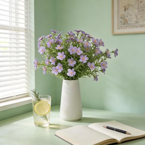 Artificial Purple Gypsophila Baby's Breath Flowers in Ceramic Vase, 6 Inch White Vase with Faux Cosmos Arrangement, Farmhouse Table Centerpiece for Home Office Shelf Desk Decor - color: Purple