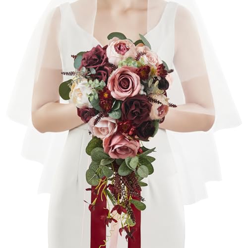Serwalin 10 Inch Wedding Bouquets for Bride Bridesmaid, Burgundy Pink Bridal Bouquets for Bride, Artificial Bouquets of Flowers for Wedding Ceremony Bridal Shower and Anniversary Day Decor - color: Attractive Burgundy Pink