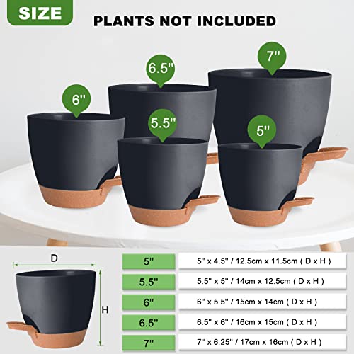 Vanslogreen Plant Pots Pack of 5, 7/6.5/6/5.5/5 Inch Self Watering Planters with Drainage Hole Planter for Indoor Plants, Planting Pots for African Violet, Ochid and House Plants (Black) - color: Black-5pack, size: 7/6.5/6/5.5/5 inch