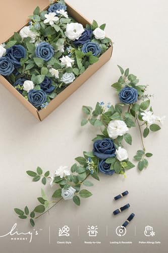 Ling's moment 6Pack 1.8ft Artificial Flowers Garland Navy Blue | Lantern Flower Centerpieces, Wedding Aisle Decor, Chair Flowers Arch Floral, Signs Table Wall Decoration - color: Blu-dusty Blue & Navy