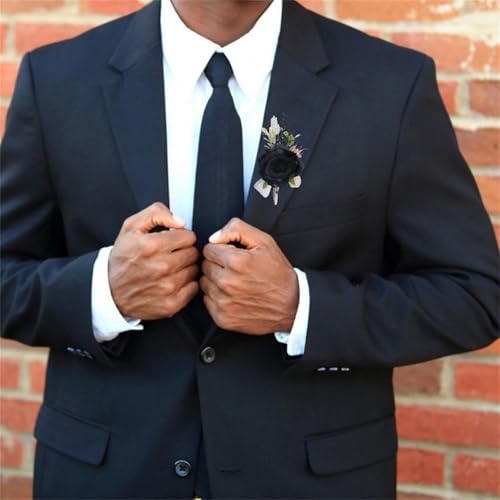 Black Ivory Rose Wedding Boutonniere for Best Men Artificial Rose Flowers Groom Groomsmen Boutonniere for Wedding Party Prom Homecoming Ceremony Anniversary Suit Decorations - color: Black Ivory Boutonniere