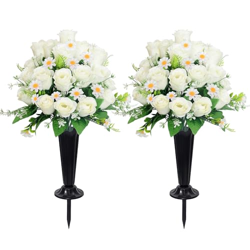 Wocst Artificial Cemetery Flowers for Grave Memorial Day Flowers for Cemetery,2Pack Artificial Silk Roses Daisy Bouquets with Cemetery Vases for Outdoor Grave Decorations ﻿ (White) - color: White