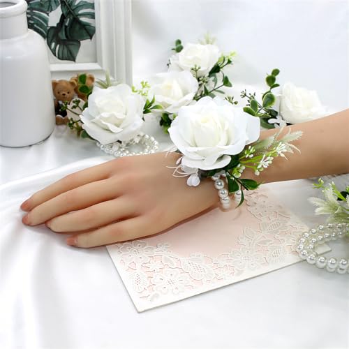 White Ivory Rose Wrist Corsage Boutonniere for Men Wedding Wrist Flower Corsage Hand Flower for Bride Bridesmaid Prom Decor Paty Girl - color: 3 Boutonnieres & 3 Wrist Corsages White
