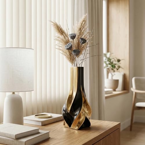 10.6" Black and Gold Ceramic Vase, Modern Geometric Flower Vase for Dining Table Centerpiece, Elegant Decorative Vase for Pampas Grass, Living Room, Bedroom, Office, Tabletop Decoration - color: Black Gold