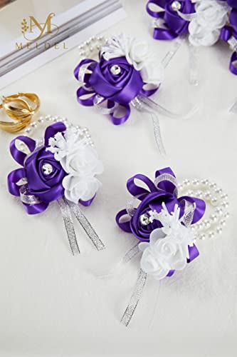2pcs Purple Wedding Wrist Corsages Artificial Silk Rose for Women | for Wedding, Prom, Homecoming, and Evening Party, Wrist Corsages with Pearls for Brides, Bridesmaids, Mother of the Bride - color: 2pcs Deep Purple Wrist Corsages