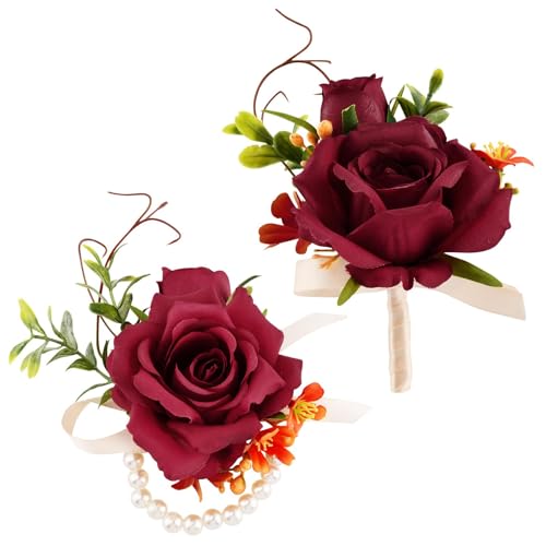 Artificial Rose Corsage & Wrist Corsage Set, Rose Wrist Flower Wristlet Bracelet Groom Best Man Boutonniere, for Prom Suit Decorations Wedding Party Flower Accessories(Color:Red) - color: Red