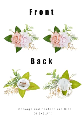 Dusty Pink Corsage and Boutonniere Set for Wedding Prom, Artificial Rose Flower Wrist Corsage Bracelets, Homecoming Corsage Wristlet, Boutonniere for Men Wedding Suit Decorations - color: Dusty Pink