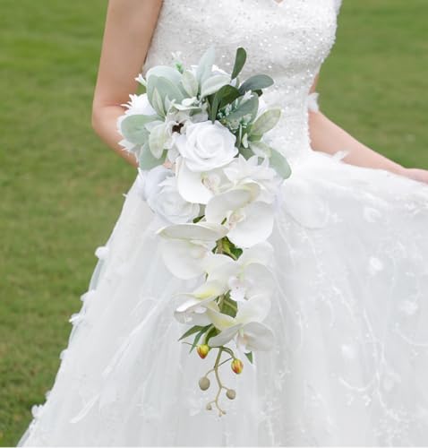 9.1 Inch Cascading Bridal Bouquet Waterfall Cascade Bridal Wedding Bouquet for Bride with Artificial White Rose Phalaenopsis Flower Greenery Rustic - color: White Rose & Moth Orchid