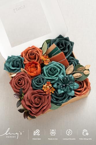 Ling's moment Fake Flowers Box, Faux Artificial Greenery Stems Foam Roses Silk Peony Waxflower Fabic Flower for Centerpieces Bouquet Wedding Vase Floral Decorations, Teal & Orange, Mini Combo - color: Teal & Orange