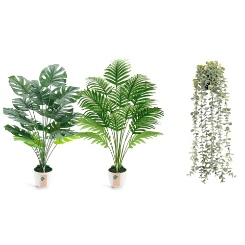 Der Rose Bundle of 2Pcs Fake Plants 28'' Large Artificial Palm Tree and 1Pcs Fake Plants Hanging for Home Room Indoor Outdoor Decor