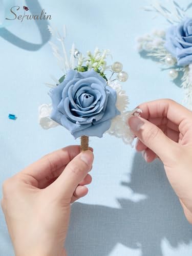 Serwalin 2 Pcs Blue Boutonniere for Men, Groom Groomsmen Best Man Guest Boutonnieres，Artificial Flowers Silk Rose for Wedding Prom Ceremony Anniversary Party Homecoming - color: Blue, size: Boutonniere 2pcs