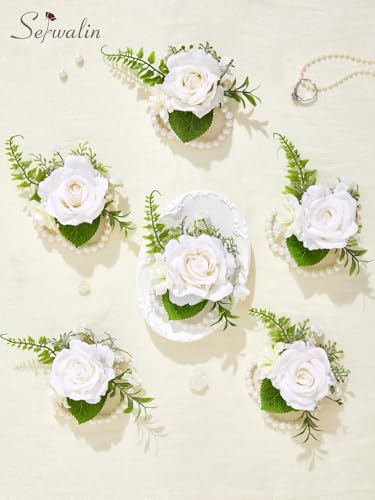 Serwalin 6 PCS White Wrist Corsage for Wedding, Corsages Wristlet for Bride Bridesmaid Mother Grandmother Girl, Artificial Flowers for Prom Ceremony Homecoming Anniversary - color: Ivory White, size: Corsage 6pcs