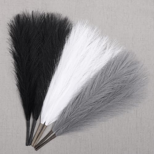 Ureymx Faux Pampas Grass Decor 17.7 Inch 6pcs, Artificial Pampas Grass Fluffy Home Decor, Short Vase Room Decor pompous Grass Flower Arrangement for Boho Home Wedding Decoration (Black,White,Grey) - color: Black,white,grey, size: 17 Inch 6 Pcs