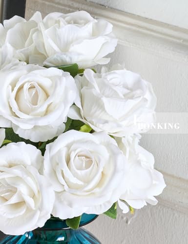 PONKING 3.5"(9cm) Rose Artificial Flower 12pcs Realistic Faux Silk Roses Fake Flowers Bouquets Arrangements Decor for Wedding Mother's Day, Home Table Christmas Valentine Decorations, White Flower - color: D 12pcs White Rose