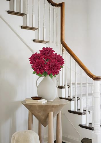 Hollyone Red Artificial Dahlia Flowers Bush Fake Fall Flowers Artificial for Decoration Outdoor Indoor 7 Heads Silk Faux Dahlias Flower Bouquets Arrangements Centerpieces Fall Decorations for Home - color: Red