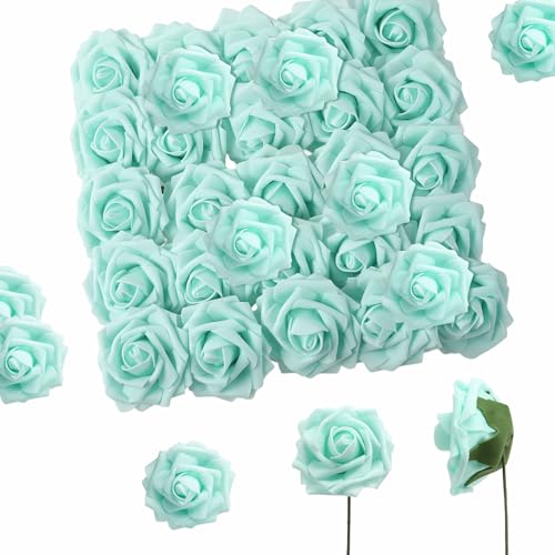Artificial Flowers, 25pcs Real Looking Teal Green Foam Fake Roses with Stems for DIY Wedding Bouquets Baby Shower Centerpieces, Artificial Rose for Cake Flowers Party Table Home Decorations - color: Teal