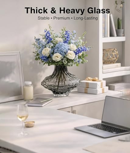 Small Glass Flower Vase for Office Desk and Bookshelf, 6.5" Unique Aesthetic Vase with Thickened Stable Base, Modern Wavy Glass Vase for Small Bouquets, Dining Table Decor, Housewarming Gift (Gray) - color: Gray