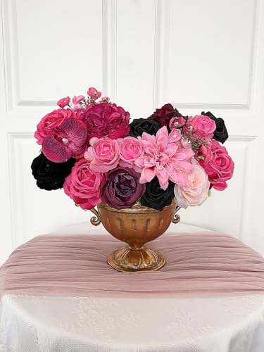 FACINOC Roses Artificial Flowers Pink Fake Flower Bouquet for DIY Bridal Wedding Shower Decorations Party Table Centerpieces Cake Decorating Silk Floral Arrangement for Home Decor Indoor Fuchsia Black - color: Fuchsia Pink, Black