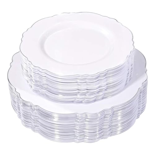 WDF 100pcs Silver Plastic Plates - High-end Baroque Design - Heavy Duty White &Silver Plates for Christmas Upscale Parties &Wedding - color: Silver, size: 100PCS