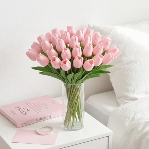 30 Pcs Pink Artificial Tulips with Clear Vase, Realistic Faux Tulip Bouquet in Vase, Fake Flowers Arrangement for Spring Floral Centerpiece for Home Office Table Decor
