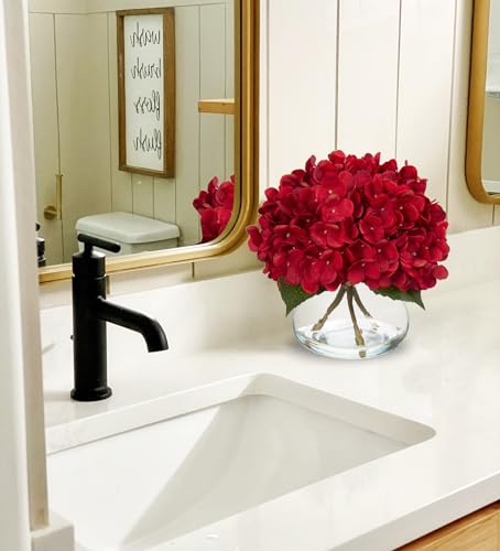 Hollyone Hydrangea Artificial Flowers in Vase Red Silk Fall Fake Flowers Arrangements with Glass Vase with Faux Water Faux Floral Bulk Bouquet for Office Table Centerpiece Shelf Home Decorations - color: Hydrangea, Red