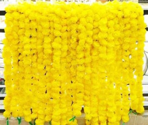 Artificial Marigold Garland for Decoration 5 Pcs of 5 feet Long Strands Artificial Marigold Flowers, Indian Decor for Pooja, Wedding Christmas, Events Decorations (Yellow) - color: Yellow