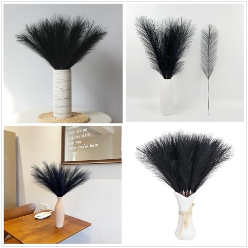 Fake Pampas Grass Plants Artificial Reeds Decoration Set of 28 Stems 17” Faux Florals Bulrush Fluffy Beige Branches for Boho Home Wedding Party Vase Fillers Christmas DIY Feathers Décor Black 28 Pcs - color: Pampas Grass Stems / Black 28 Pcs