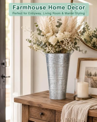 12 Inch Galvanized Metal Vases for Flowers - 6 Pcs Farmhouse Decorative Tall Flower Bucket with Handles, Rustic French Tin Planter Buckets for Wedding Decor (Silver) - color: Silver