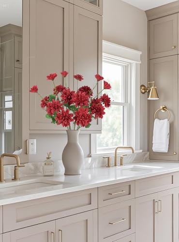 6PCS Red Artificial Dahlia Flowers 27.5’’Silk Faux Dahlias Fake Flowers with Stems for Home Wedding Dining Table Party Garden Decoration(Red) - color: Red