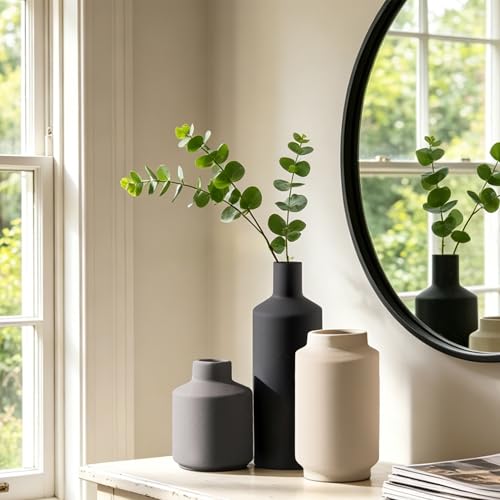 Ceramic Vase Set of 3, Modern Decorative Vases for Home Decor, Small Flower Pottery Vase Sets, Boho Farmhouse Rustic Vases for Living Room, Kitchen, Bedroom, Bathroom, Shelf, Table - color: Multi Grey
