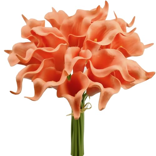 Mandy's 20pcs Coral Calla Lily Artificial Flowers | 13.5 Inch PU Realistic Bouquet for Vase Elegant Home Decor Centerpiece Wedding Bridal Bouquet Table Decoration - color: Coral-1