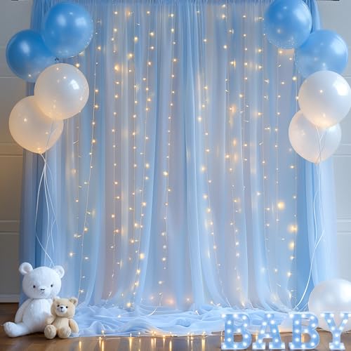 10ft x 10ft Blue Backdrop Curtain with Lights String for Parties, Sheer Tulle Wedding Photo Backdrops Drapes for Baby Shower Birthday Party Decorations Background for Photography - color: Blue, size: W5' x H10'(2 panels)