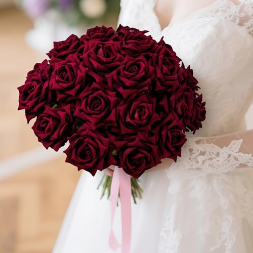 Ttranewsoo Fake Roses Faux Flowers Silk Roses Artificial Roses with Stems Realistic Artificial Flowers Suitable for Indoor Home Decoration Diy Bouquet Wedding Decor Party Decor 24PCS(Black red,16.5In) - color: Black Red 24pcs
