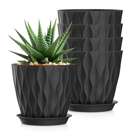7 Inch Plant Pots 5 Pack, Flower Planters with Drainage Holes and Trays,Plastic Pots for Indoor Outdoor Plants,Black - color: Black, size: 7inch 5pc