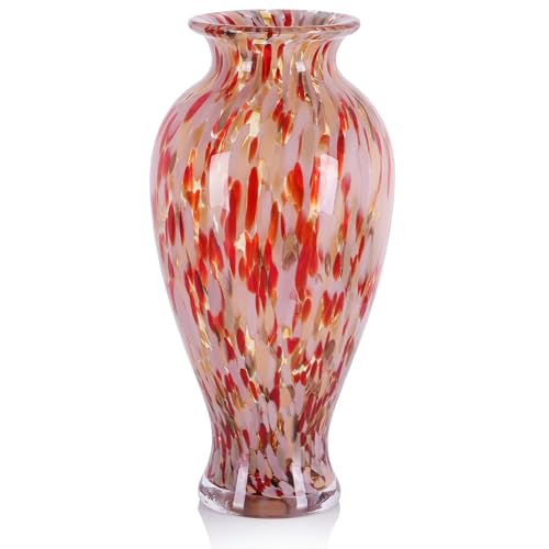 11.8" Tall Hand Blown Red Art Glass Vase, Multicolor Glass Vase, 2.5" Opening for Flowers, Centerpiece Decor for Living Room, Dining Table, Mantel Shelf, Pampas Grass (Red White) - color: Red White