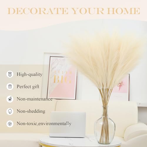43" Faux Pampas Grass Decor Tall - 8 PCS Beige Pampas Grass for Floor Vase Fluffy Artificial Pampas Grass for Wedding Boho Home Baby Shower Mothers Day Decoration - color: Beige