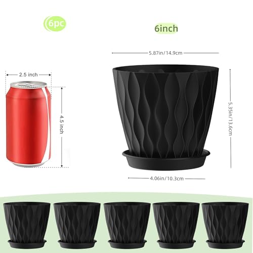 6 Inch Plant Pots, 6 Pack Indoor Flower Pots, Planters with Drainage Holes and Trays for Orchids, Violets, Succulents, Herbs, and Other Plants, Black - color: Black, size: 6inch