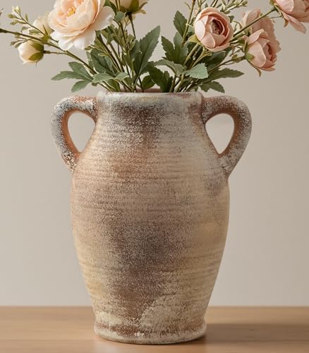 Ceramic Flower Vase, 8.3" Rustic Farmhouse Table Vase, Low Profile Decorative Pottery Vase for Fresh Flowers, Faux Stems, Coffee Table, Kitchen, Bathroom and Shelf Decor - color: Rustic-6.7"l X 6.3"w X 8.3"h