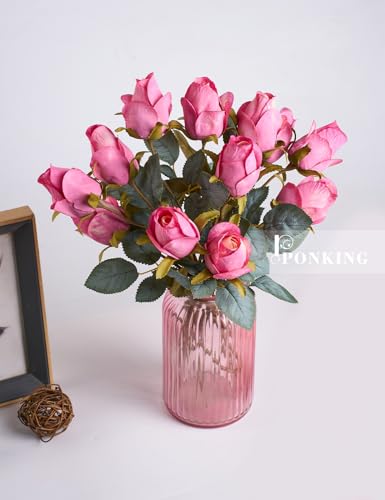 PONKING Rose Artificial Flower Buds 12pcs Realistic Faux Silk Roses Fake Flowers Bouquets Arrangements Decor for Wedding Spring Mother's Day, Home Table Decorations, Light Magenta Flower - color: C 12pcs Light Magenta Rose
