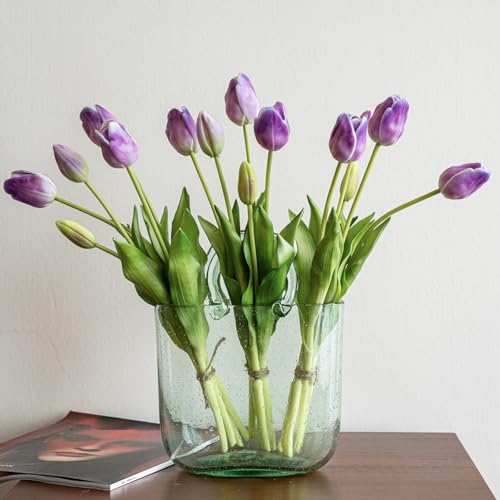 DUYONE 15pcs Artificial Tulips Flowers, Soft Touch Latex Bouquet, Fake Tulips for Office Wedding Party Home Kitchen Garden Decoration - color: 15pcs Amethyst (No Vase)