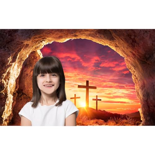 Empty Tomb Backdrop Sunrise Sunset Jesus Christ Crucifixion Resurrection Cave Photography Background Hole Holy Lights Easter Background Three Crosses Christianity Jesus Christ Backgrounds 5x3ft - color: Orange_Red, size: 5x3ft