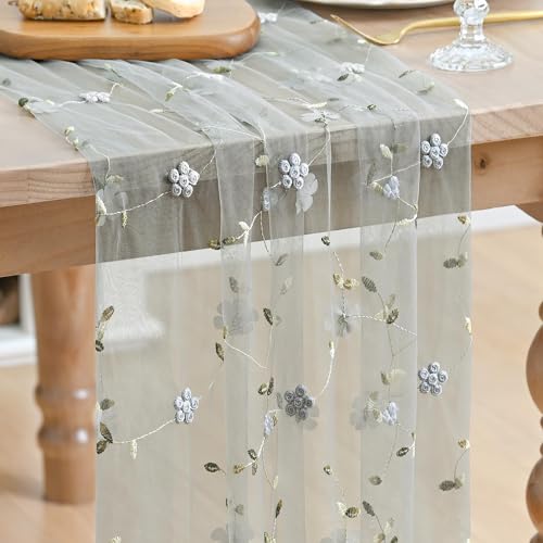 Artoid Mode 3D Flower Dusty Blue Gauze Embroidery Table Runner 120 Inch 10FT, Tulle Seasonal Spring Kitchen Dining Holiday Table Decor for Home Party - color: Dusty Blue
