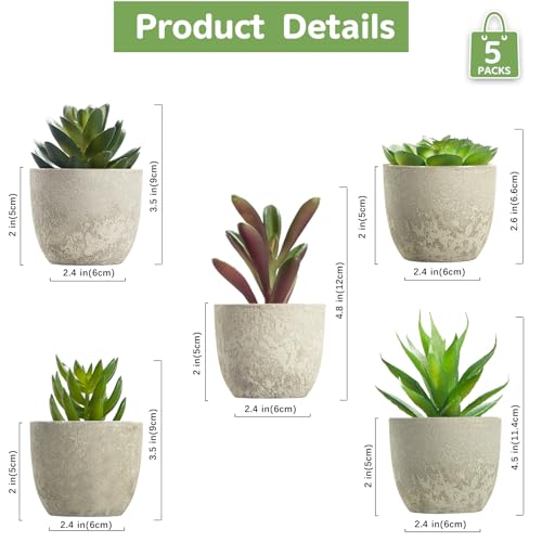 Artificial Succulent Plants in Pots, Set of 5 Mini Fake Succulents for Indoor Home Decor, Small Faux Potted Greenery for Office Desk, Shelf, Bathroom, or Modern Boho Rustic Room Decoration